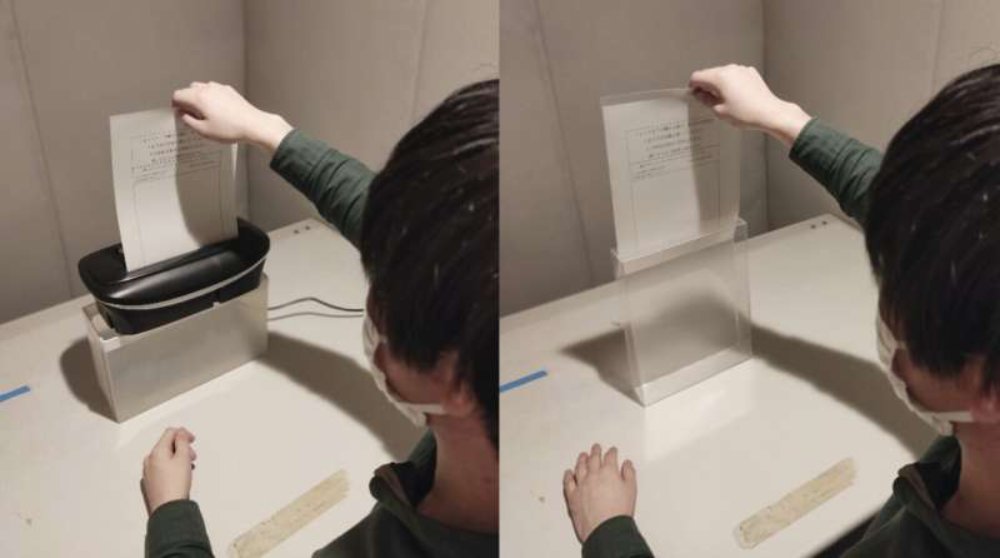 實驗參加者用碎紙機把寫上負面情緒的紙切碎（左），可平息怒氣；將紙放在盒中則沒有這效果（右）。 （圖片來源：Yuta Kanaya）